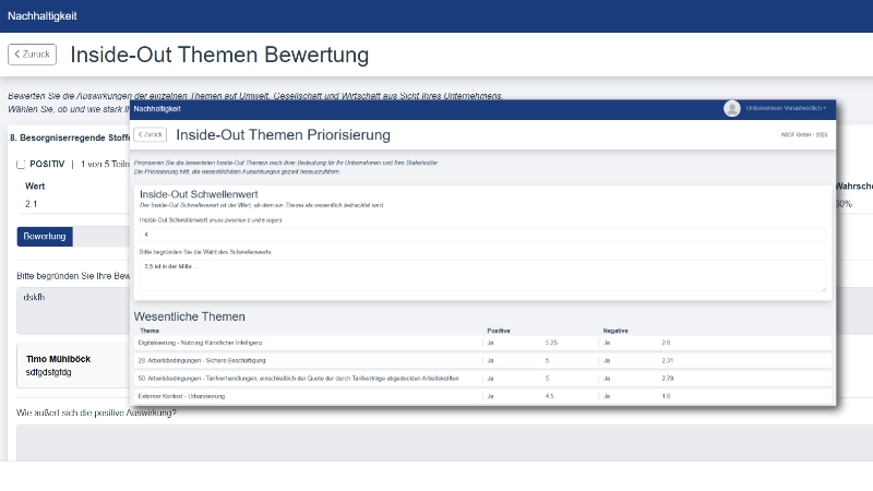 ERNA: Grafische Darstellung zur Auswertung relevanter ESG-Themen im Prozess der doppelten Wesentlichkeitsanalyse mit Icons und Diagrammelementen