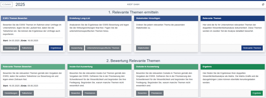 Screenshot von der ERNA Benutzeroberfläche: Schritte der doppelten Wesentlichkeitsanalyse – ESRS-Themenbewertung, Long-List, Stakeholder-Zuordnung und Ergebnismatrix