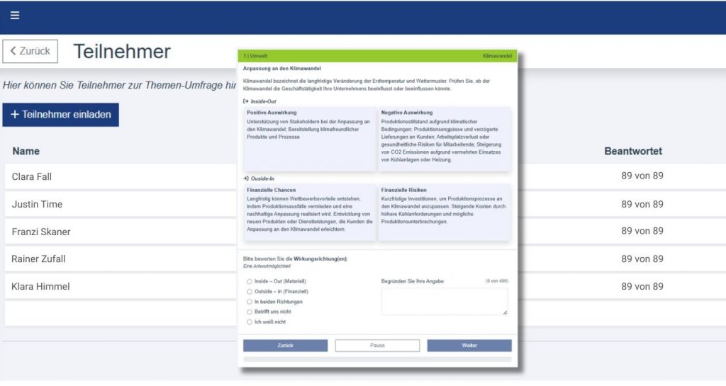 ERNA: Tabelle mit wesentlichen Nachhaltigkeitsthemen und Pfeilen zur Visualisierung des Einflussflusses in der doppelten Wesentlichkeitsanalyse
